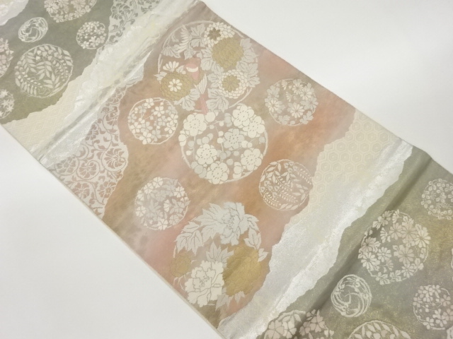 服部織物製　こはく錦狩猟引箔道長取りに花輪・鳥模様織出し袋帯